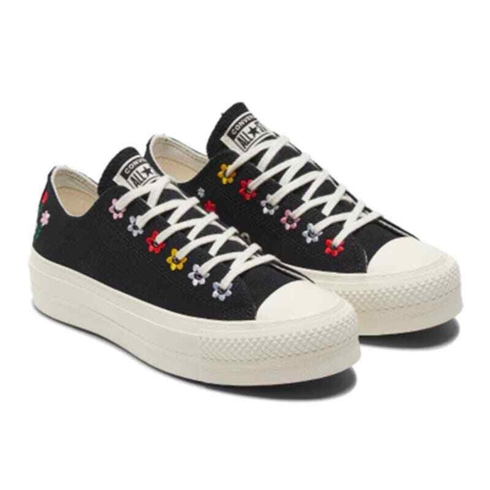 Converse Womens Black Floral-Embroidered Low Top Sneakers Sz 9 Women's